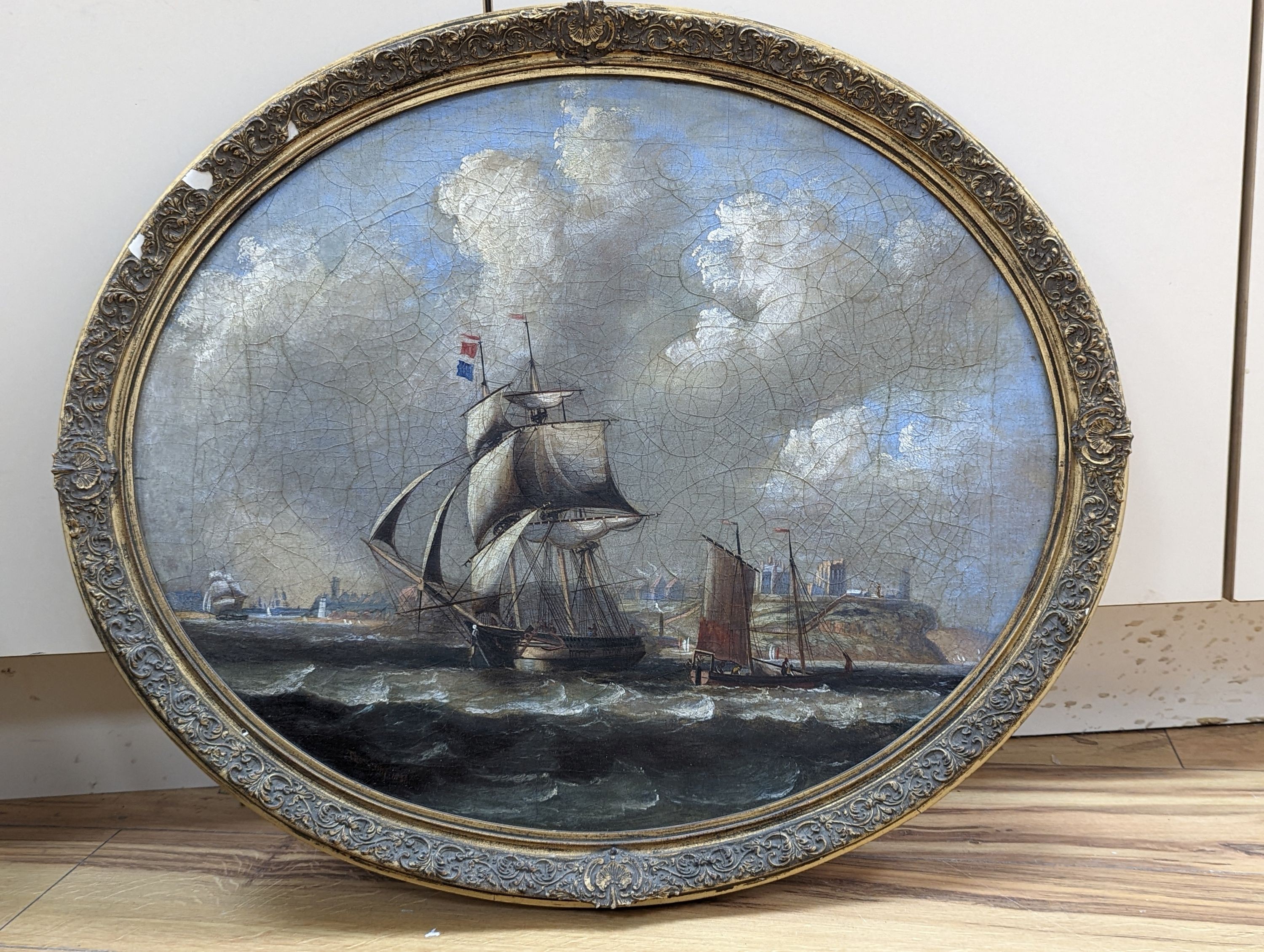 After Thomas Luny (1759-1837), oil on canvas laid on board, oval, Shipping off the coast, bears signature and date 1826, 48 x 58cm
